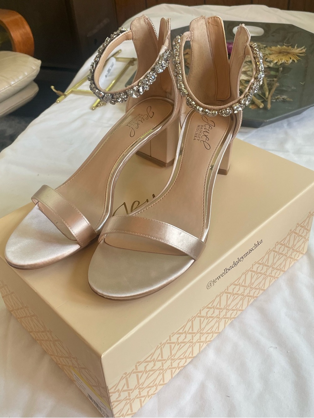 Badgley Mischka Rose Gold Jeweled Ankle-Strap Block Heels